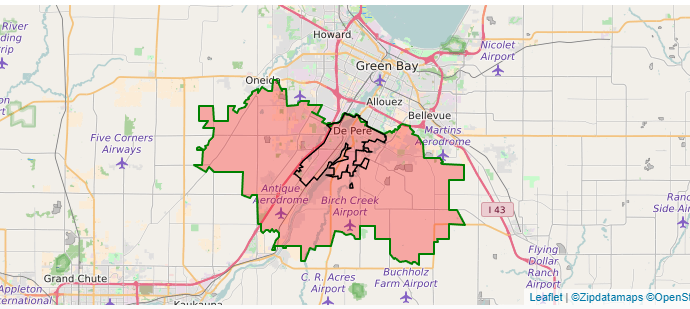 zip code map - shows city boundaries in black and a red area of zip code boundaries around it